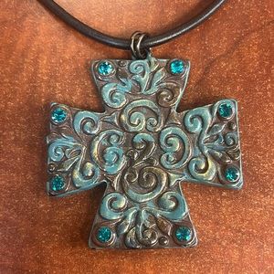 Turquoise Colored Cross Necklace Metal Jeweled With Matching Earrings Women’s